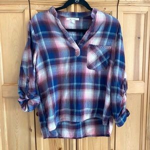Miami Navy, Maroon, White Plaid Pullover V-Neck Classic Flannel Shirt Size S